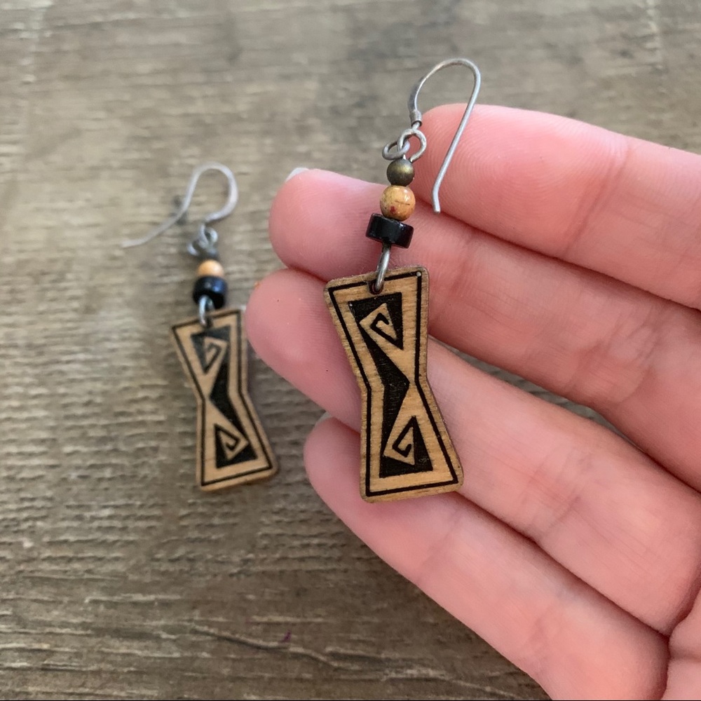 Handmade Wooden Tribal Beaded Earrings - Picture 4 of 4